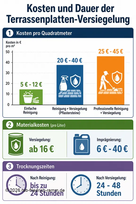 Vergleich der Kosten und Trocknungszeiten für die Reinigung und Versiegelung von Terrassenplatten.
