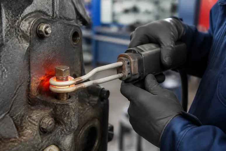 Ein Mechaniker erwärmt mit einem Induktionsheizgerät eine hartnäckige, verrostete Schraube an einer Industriemaschine.