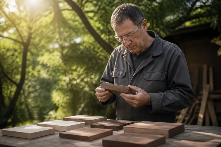 Ein Handwerker wählt sorgfältig Holzarten für sein neues Vordach in einer Werkstatt im Freien aus.
