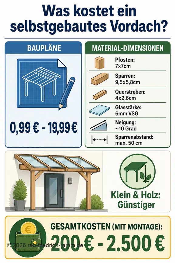 Übersicht über Kosten und wichtige Maße für den Eigenbau eines Vordachs.