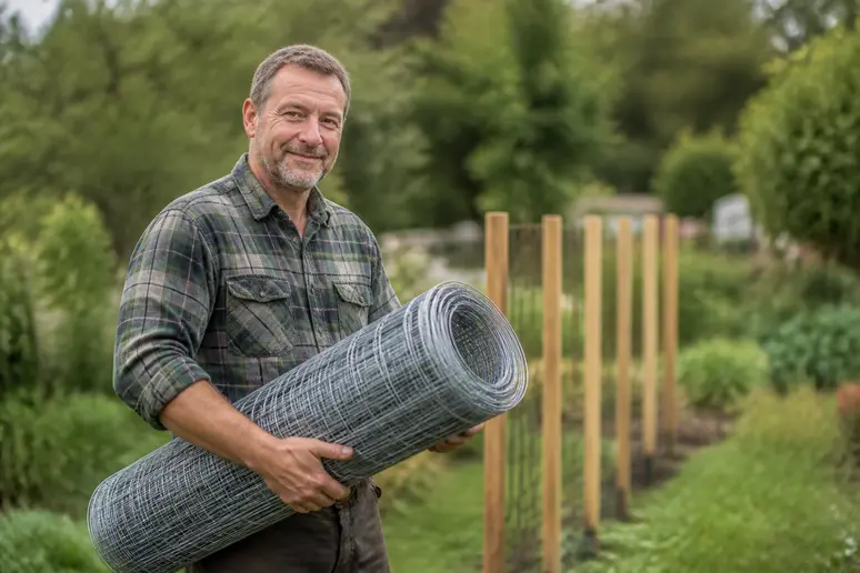 Ein Mann in seinem Garten hält eine Rolle Maschendrahtzaun, bereit für den Bau eines kostengünstigen Gartenzauns.