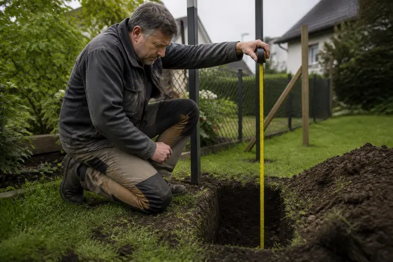 Ein Mann misst die Tiefe eines Zaunpfostenlochs im Garten mit einem Maßband, um die korrekte Einbetontiefe zu gewährleisten.