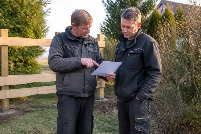 Zwei Handwerker besprechen eine Kostenübersicht für das Einbetonieren von Zaunpfosten in einer deutschen Gartenszene.