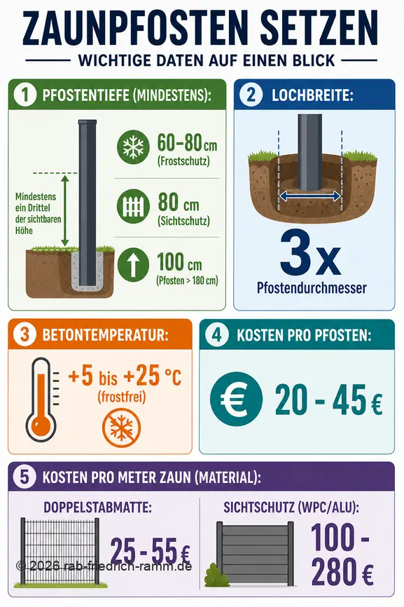Infographie récapitulant la profondeur recommandée, les dimensions, les conditions de température et les coûts pour l'installation de poteaux de clôture.