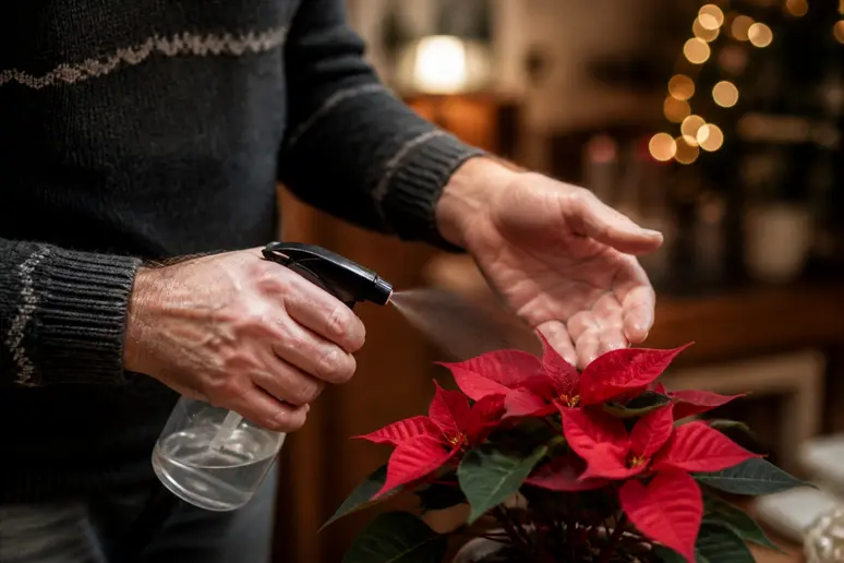 Ein Mann besprüht im Winter mit Sorgfalt die Blätter einer leuchtend roten Weihnachtssternpflanze in einem gemütlichen Zuhause.