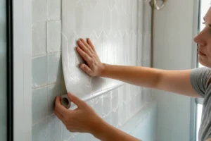 Alte Fliesen überkleben: Ein Handwerker erneuert die Dusche mit moderner Fliesenfolie für ein fugenloses Ergebnis.