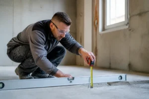 Handwerker gleicht Boden ohne Ausgleichsmasse mit Richtscheit und Maßband aus. Moderner Innenausbau.