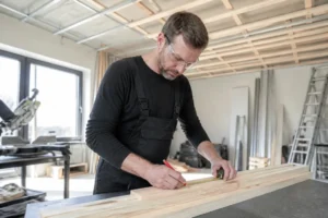 Handwerker montiert Holzlatten zur Decke abhängen mit Holz, Achten auf korrekten Lattabstand für Stabilität.