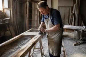 Handwerker entfernt Farbe von Holz mit Schleifpapier in einer Werkstatt, professionelle Renovierung.