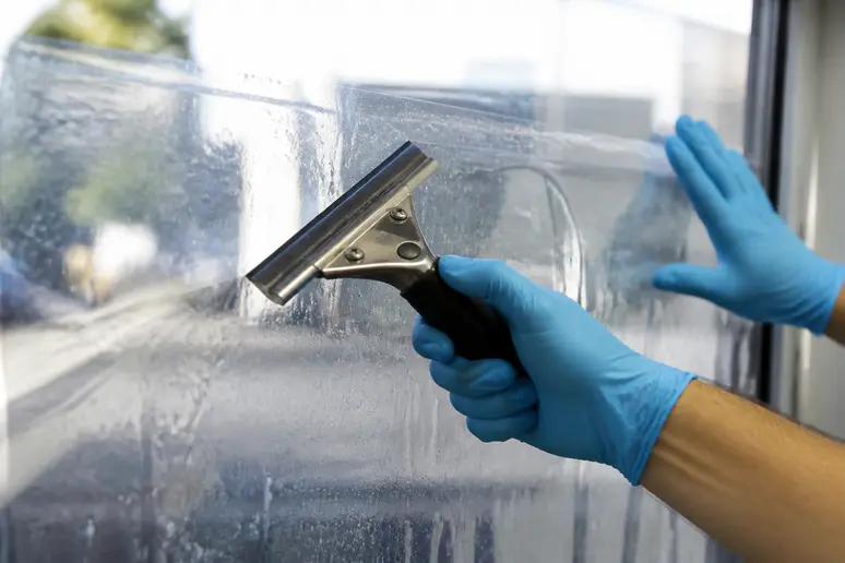 Hände mit Rakel glätten Fensterfolie auf Glas, Wasser und Luftblasen werden seitlich hinausgeschoben.