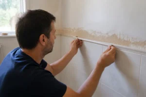 Fliesen-Abschlussleiste nachträglich anbringen im Badezimmer mit Klebstoff, Detailansicht.