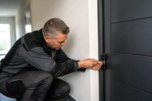 Handwerker stellt die 3D-Bänder der Haustür mit einem Sechskantschlüssel ein, haustür einstellen für besseren Anpressdruck.