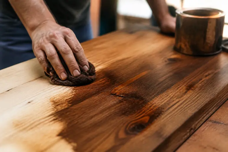 Hand trägt Holzlasur mit einem Pinsel gleichmäßig auf eine Holzoberfläche auf.