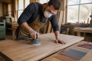 Handwerker schleift Holz mit feiner Körnung vor dem Ölen, Lackieren oder Lasieren.