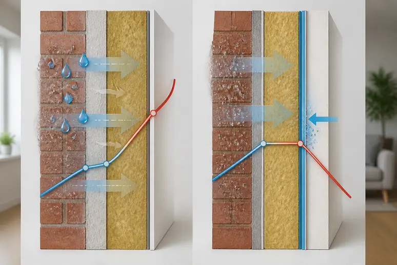 Veranschaulichung zweier Innendämmsysteme: diffusionsoffen mit Feuchtigkeitsregulierung und diffusionsdicht mit Dampfsperre.