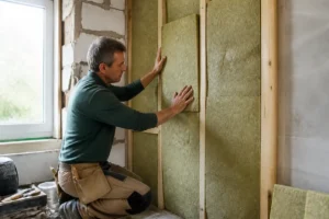 Handwerker dämmt kalte Außenwand von innen mit Isoliermaterialien, um Schimmel zu vermeiden.
