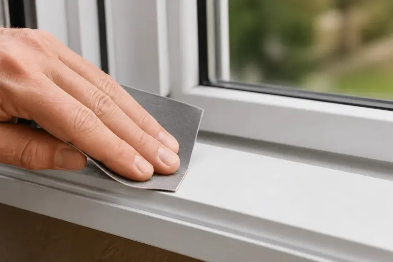 Nahaufnahme einer Hand, die ein weißes PVC-Fensterprofil leicht anschleift für bessere Lackhaftung.