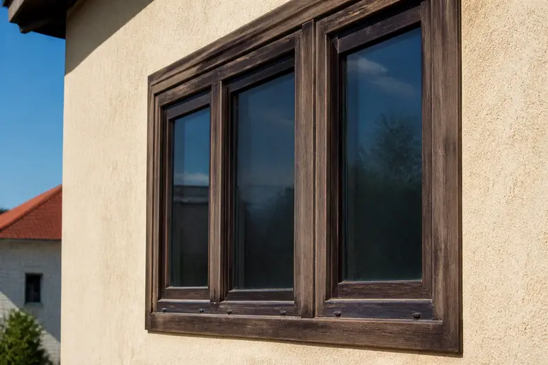Verwitterter, dunkelbrauner Kunststoff-Fensterrahmen mit Anzeichen von Ausbleichen unter Sonneneinstrahlung.
