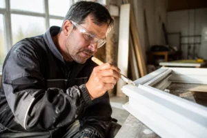 Hand streicht Kunststofffenster weiß mit Pinsel in Werkstatt, Renovierungsprojekt.