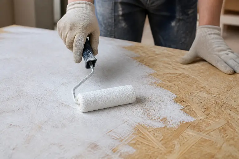 Handwerker trägt Grundierung mit einer Rolle gleichmäßig auf eine OSB-Platte auf.