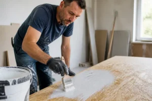 Mann streicht OSB Platten mit Grundierung für einen fleckenfreien Anstrich im Heimwerkerprojekt.