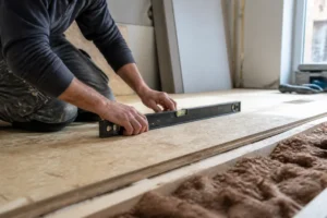 Mann verlegt OSB-Platten schwimmend auf einem Boden während einer Renovierung mit Wasserwaage.