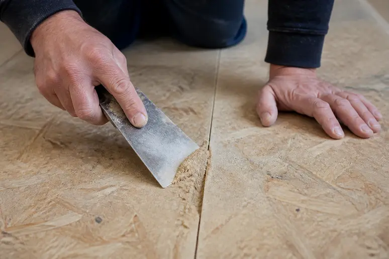 Arbeitshände füllen Fugen zwischen OSB-Platten mit Spachtelmasse für glatte Oberfläche.
