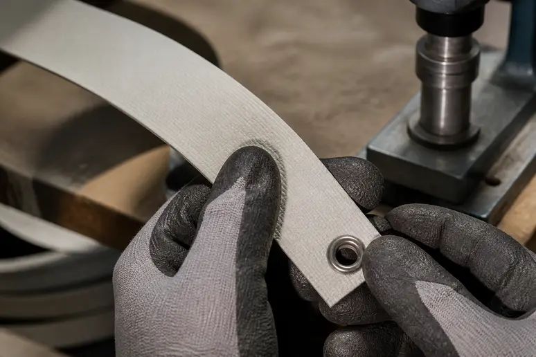 Neuer Rollladengurt wird vorbereitet mit einer verstärkten Öse für die Befestigung an der Gurtscheibe.