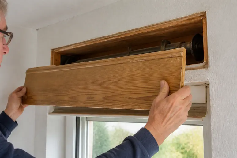 Hand entfernt vorsichtig Holzabdeckung eines alten Rollladenkastens zur Dämmung.