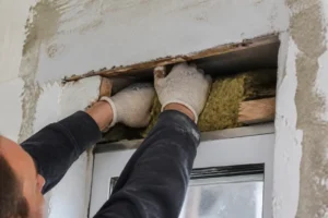 Renovierung eines Rollladenkastens: Dämmmaterial wird in einem engen Hohlraum eines Altbaus angebracht, um den Rollladenkasten zu dämmen.