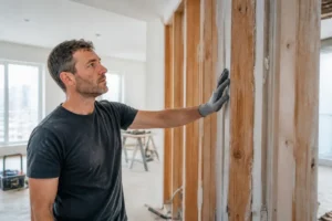 Schutzhandschuhe für Renovierungsarbeiten beim Prüfen von Holzkonstruktionen auf einer Baustelle