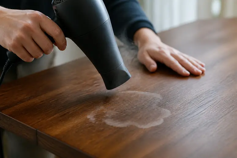 Eine Hand richtet einen Föhn auf einen weißen Wasserfleck auf Holz, um ihn zu entfernen.