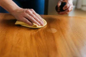 Weiße Wasserflecken auf geöltem Holz mit Tuch entfernen, Fokus auf Holzoberfläche und Reinigungsprozess.