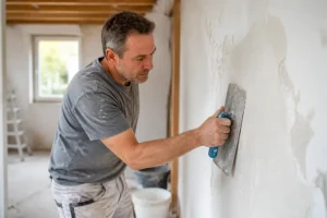 Mann verputzt Wand mit Kelle: So wie man eine Wand verputzt, erfahren Sie hier professionelle Tipps.