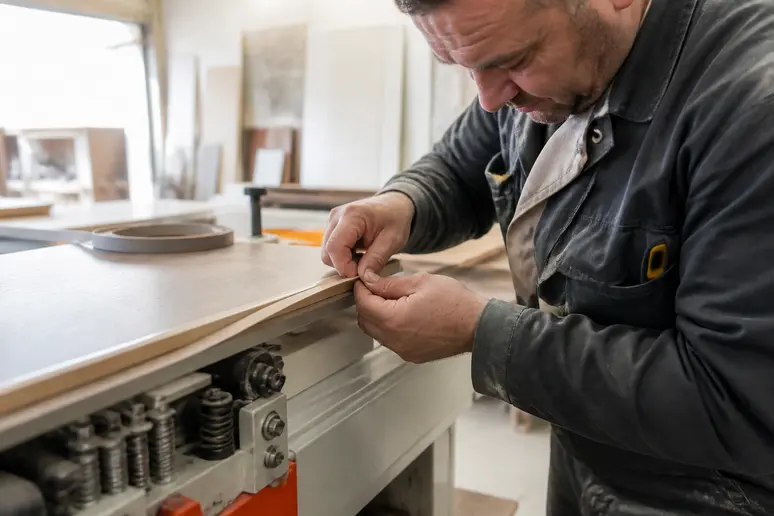 Handwerker bearbeitet einen Plattenwerkstoff für den passgenauen Möbelbau mit professionellem Werkzeug.