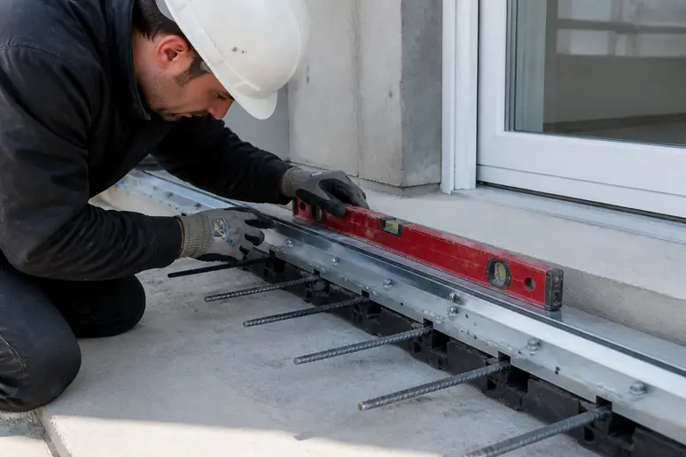 Handwerker bei der Montage eines thermisch getrennten Anschlusselements an einer Betonplatte