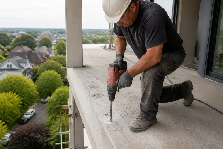 Monteuer beim Bohren von Löchern für die stirnseitige Terrassengeländer Planung