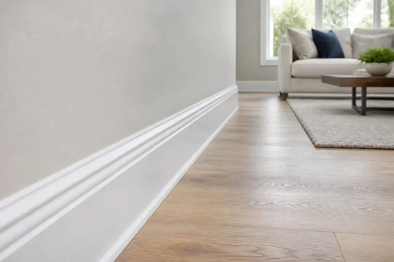 Mittelhohe Fußleiste als sauberer Wandabschluss in einem modernen Wohnraum