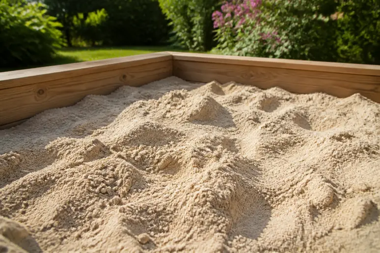 Feiner, runder Spielsand im selbst gebauten Sandkasten im Garten