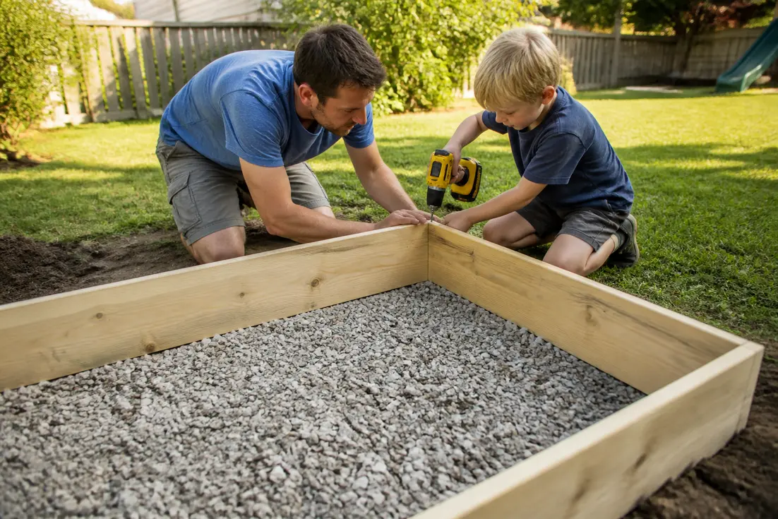Sandkasten selber bauen mit Drainage und belüftetem Deckel