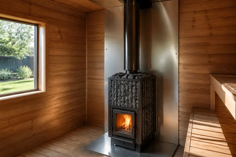 Holz-Saunaofen mit feuerfesten Schutzblechen an der Wand in einer Gartensauna