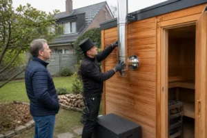 Schornsteinfeger überprüft den Ofen einer neuen Sauna im Garten während der Montage