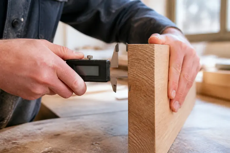 Hand misst die Dicke einer stabilen Holzplatte für den Schreibtisch-Eigenbau mit einem Messschieber
