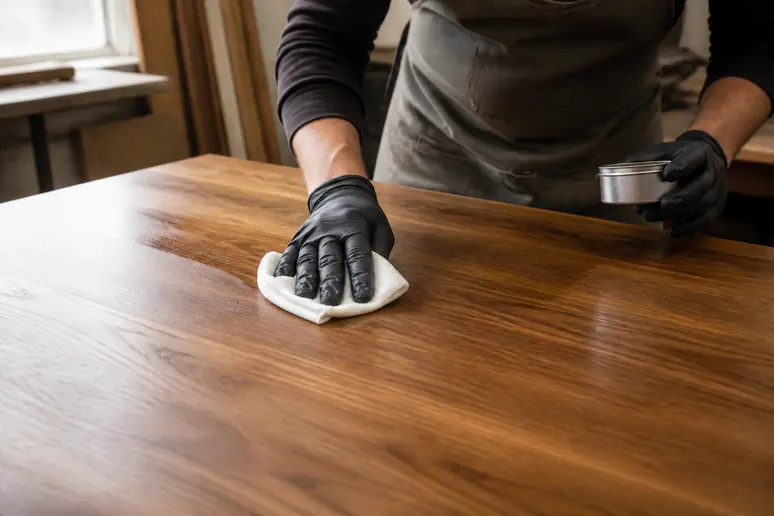 Person trägt Hartwachsöl auf die Holzoberfläche eines selbstgebauten Schreibtisches auf