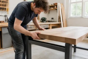 Schreibtisch selber bauen: Heimwerker montiert eine massive Tischplatte auf ein stabiles Gestell in einer Werkstatt